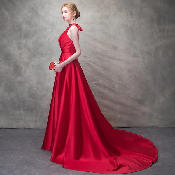 Élégant Rouge Robe De Soirée 2017 Princesse Noeud Perlage Col Haut Sans Manches Bustier Royal Train Robe De Ceremonie