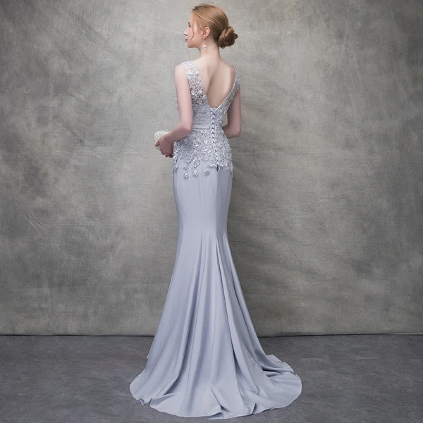 Chic / Belle Gris Robe De Soirée 2017 Trompette / Sirène En Dentelle Fleur Perlage Noeud Paillettes V-Cou Dos Nu Sans Manches Train De Balayage Robe De Ceremonie