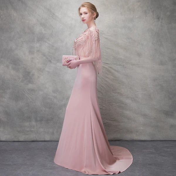 Élégant Rougissant Rose Robe De Soirée 2017 Trompette / Sirène En Dentelle Fleur Cristal Encolure Dégagée 1/2 Manches Train De Balayage Robe De Ceremonie