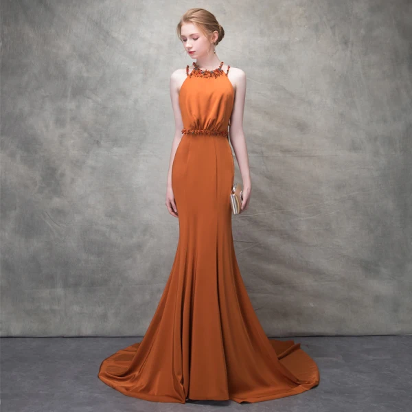 Élégant Orange Robe De Soirée 2017 Trompette / Sirène Fleurs Artificielles Faux Diamant Cristal Titulaire Dos Nu Sans Manches Tribunal Train Robe De Ceremonie