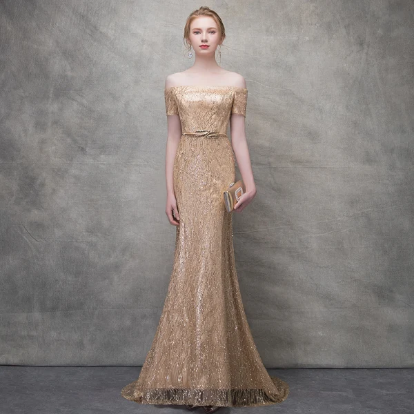 Scintillantes Dorés Robe De Soirée 2017 Trompette / Sirène Glitter Dentelle Métal Ceinture De l'épaule Manches Courtes Train De Balayage Robe De Ceremonie