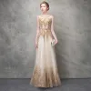 Sparkly Champagne Evening Dresses  2017 A-Line / Princess Pearl Sequins Metal Sash Scoop Neck Sleeveless Ankle Length Formal Dresses