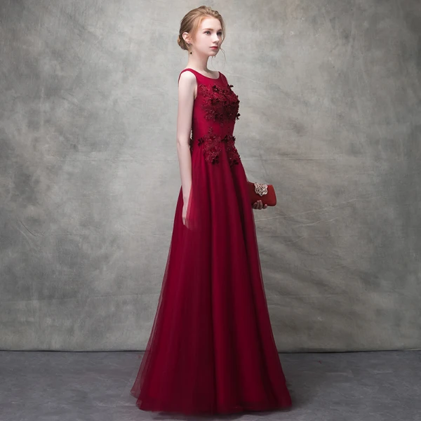 Chic / Belle Bordeaux Robe De Soirée 2017 Princesse En Dentelle Fleur Cristal Fleurs Artificielles Encolure Dégagée Dos Nu Sans Manches Longueur Cheville Robe De Ceremonie