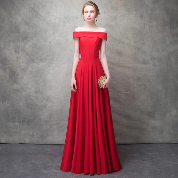 Chic / Beautiful Red Evening Dresses  2017 A-Line / Princess Off-The-Shoulder Backless Sleeveless Floor-Length / Long Formal Dresses