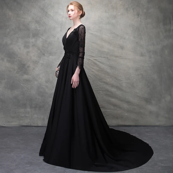 Chic / Belle Noir Robe De Soirée 2017 Princesse Perlage Cristal En Dentelle Fleurs Artificielles Percé V-Cou Dos Nu Manches Longues Train De Balayage Robe De Ceremonie