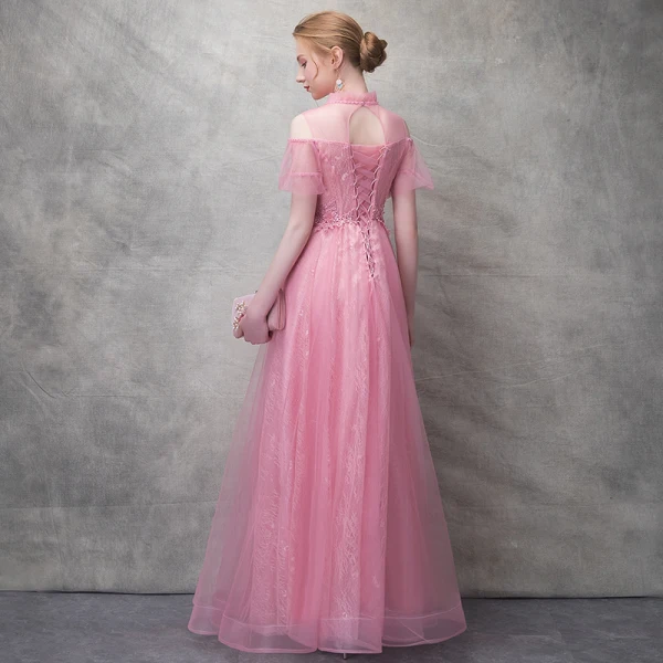 Chic / Beautiful Candy Pink Evening Dresses  2017 A-Line / Princess Flower Lace Rhinestone Scoop Neck Backless Short Sleeve Ankle Length Formal Dresses
