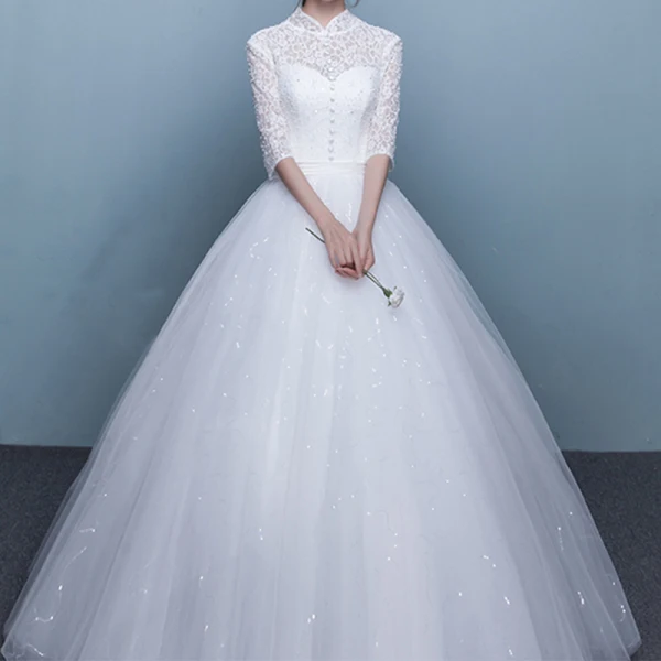 Schöne Ballkleid Brautkleider / Hochzeitskleider 2017 Spitze Blumen Stehkragen Rückenfreies 1/2 Ärmel Lange Hochzeit