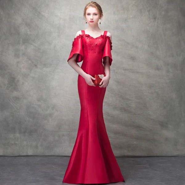 Chic / Belle Bordeaux Robe De Soirée 2017 Trompette / Sirène Perlage Paillettes Fleurs Artificielles épaules Bustier Dos Nu Manches Courtes Train De Balayage Robe De Ceremonie