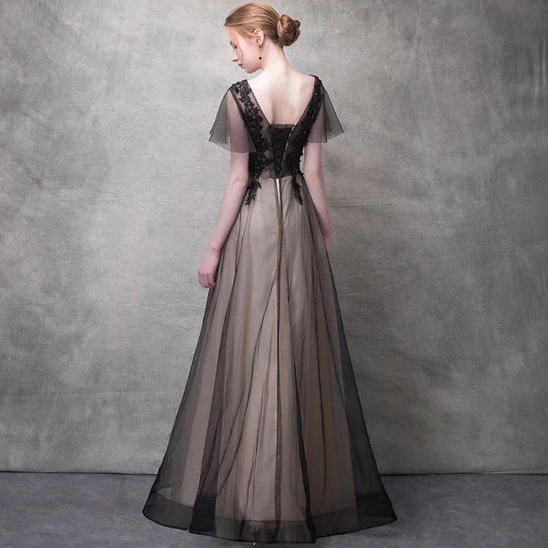 Chic / Belle Noir Robe De Soirée 2017 Princesse Cristal En Dentelle Fleur V-Cou Dos Nu Manches Courtes Longueur Cheville Robe De Ceremonie