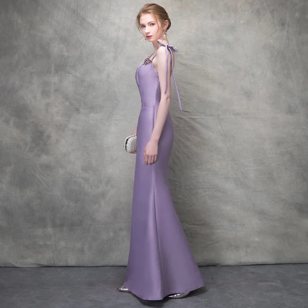 Elegant Lavender Evening Dresses  2017 Trumpet / Mermaid Bow Crystal Rhinestone Spaghetti Straps Backless Sleeveless Ankle Length Formal Dresses