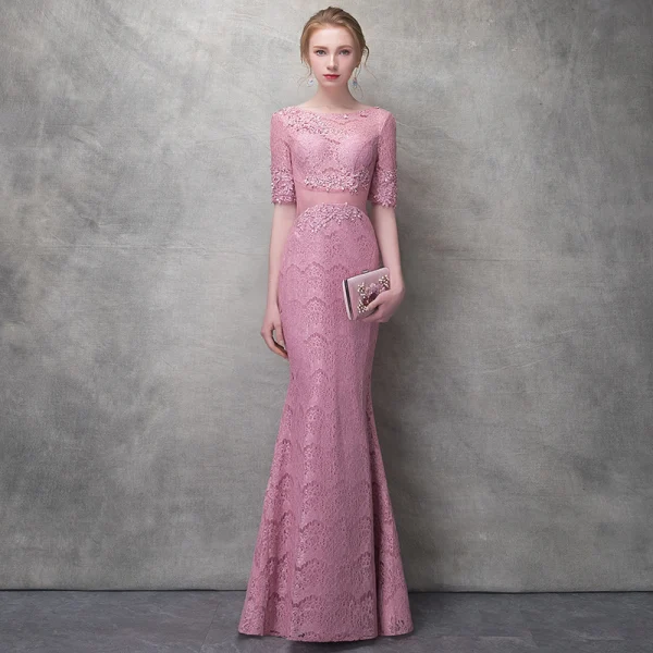 Chic / Beautiful Candy Pink Evening Dresses 2017 Trumpet / Mermaid Lace Sequins Pierced Scoop Neck 1/2 Sleeves Ankle Length Formal Dresses