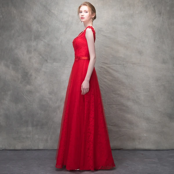 Chic / Belle Rouge Robe De Soirée 2017 Princesse Cristal En Dentelle Fleur Perlage Paillettes V-Cou Dos Nu Longueur Cheville Robe De Ceremonie