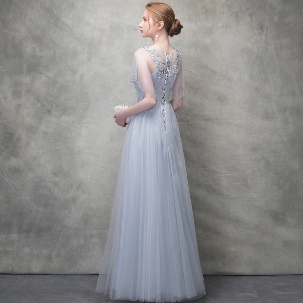 Chic / Beautiful Grey Evening Dresses 2018 A-Line / Princess Lace Flower Crystal Pearl Scoop Neck Short Sleeve Ankle Length Formal Dresses