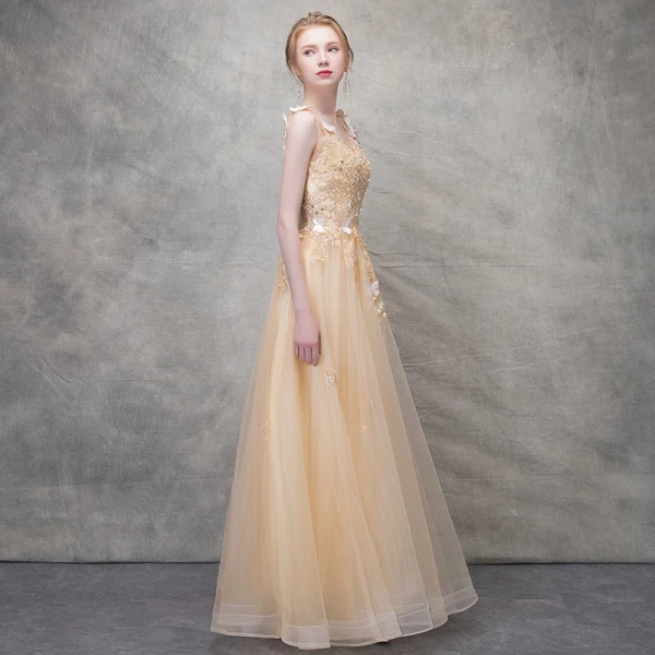 Chic / Belle Champagne Robe De Soirée 2017 Princesse Papillon En Dentelle Fleur Perlage Paillettes Encolure Dégagée Dos Nu Sans Manches Longueur Cheville Robe De Ceremonie