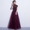 Chic / Beautiful Chinese style Evening Dresses  2017 A-Line / Princess Lace Flower Sequins Backless High Neck Short Sleeve Formal Dresses Same As First Picture