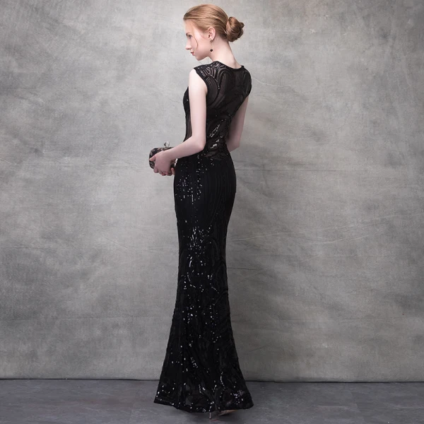 Sexy Noir Robe De Soirée 2017 Trompette / Sirène En Dentelle Fleur Cristal Paillettes Percé V-Cou Dos Nu Sans Manches Longueur Cheville Robe De Ceremonie