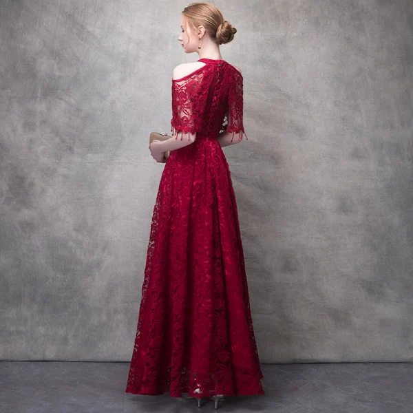 Chic / Beautiful Burgundy Evening Dresses 2017 A-Line / Princess Lace Flower Beading Crystal Sequins Bow Halter Strapless 1/2 Sleeves Ankle Length Formal Dresses