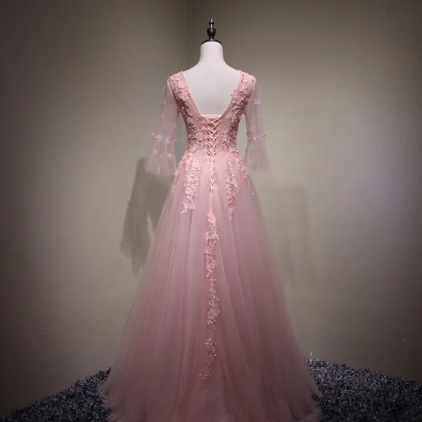 Chic / Belle Perle Rose Robe De Soirée 2017 Princesse En Dentelle Fleur Perlage Fleurs Artificielles V-Cou Dos Nu 3/4 Manches Longue Robe De Ceremonie