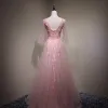 Chic / Beautiful Pearl Pink Evening Dresses  2017 A-Line / Princess Lace Flower Beading Artificial Flowers V-Neck Backless 3/4 Sleeve Floor-Length / Long Formal Dresses