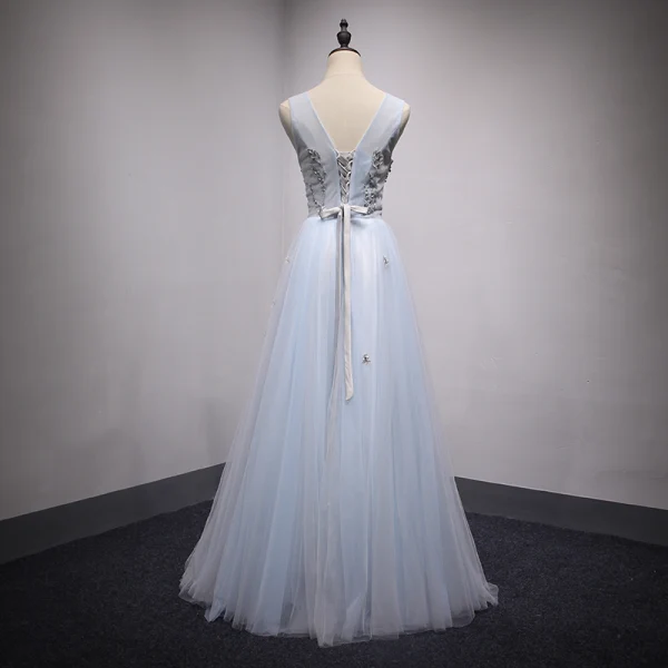 Chic / Beautiful Sky Blue Evening Dresses 2017 A-Line / Princess Lace Flower Pearl Bow V-Neck Backless Sleeveless Floor-Length / Long Formal Dresses