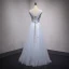 Chic / Beautiful Sky Blue Evening Dresses 2017 A-Line / Princess Lace Flower Pearl Bow V-Neck Backless Sleeveless Floor-Length / Long Formal Dresses