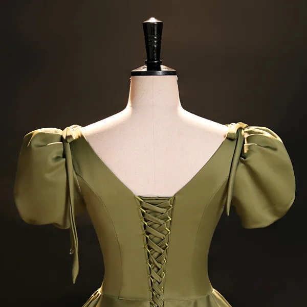 Vintage / Retro Modest / Simple Clover Green Satin Prom Dresses 2023 Ball Gown V-Neck Puffy Short Sleeve Backless Floor-Length / Long Prom Formal Dresses