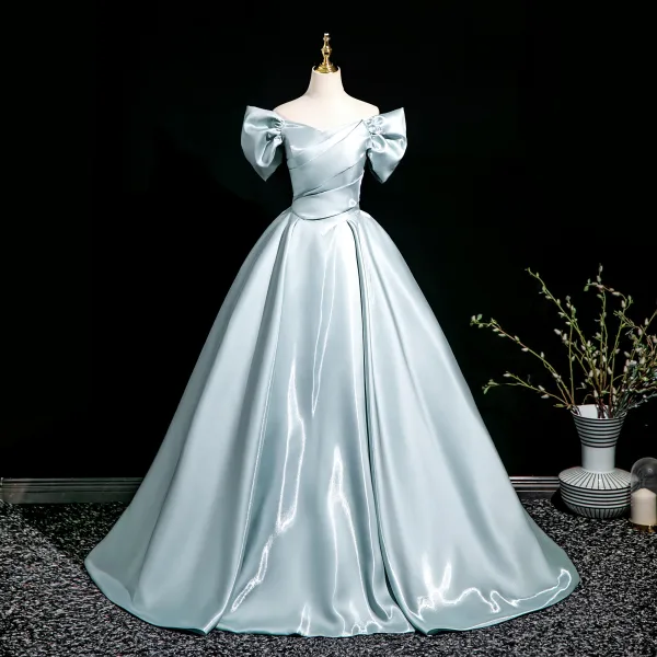 Chic / Beautiful Sky Blue Prom Dresses 2025 Ball Gown Off-The-Shoulder Short Sleeve Backless Floor-Length / Long Prom Formal Dresses