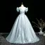 Chic / Beautiful Sky Blue Prom Dresses 2025 Ball Gown Off-The-Shoulder Short Sleeve Backless Floor-Length / Long Prom Formal Dresses