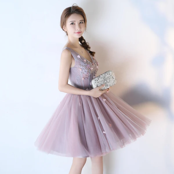 Chic / Belle Lavande Robe De Cocktail 2018 Robe Boule Perlage Perle Appliques V-Cou Dos Nu Sans Manches Mi-Longues Robe De Ceremonie