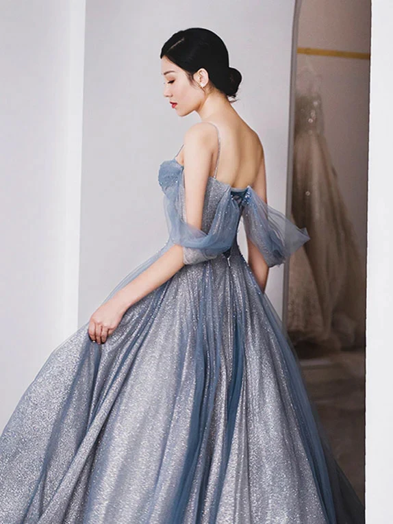 Sexy Bling Bling Sky Blue Beading Pearl Sequins Prom Dresses 2024 A-Line / Princess Spaghetti Straps Sleeveless Backless Floor-Length / Long Formal Dresses