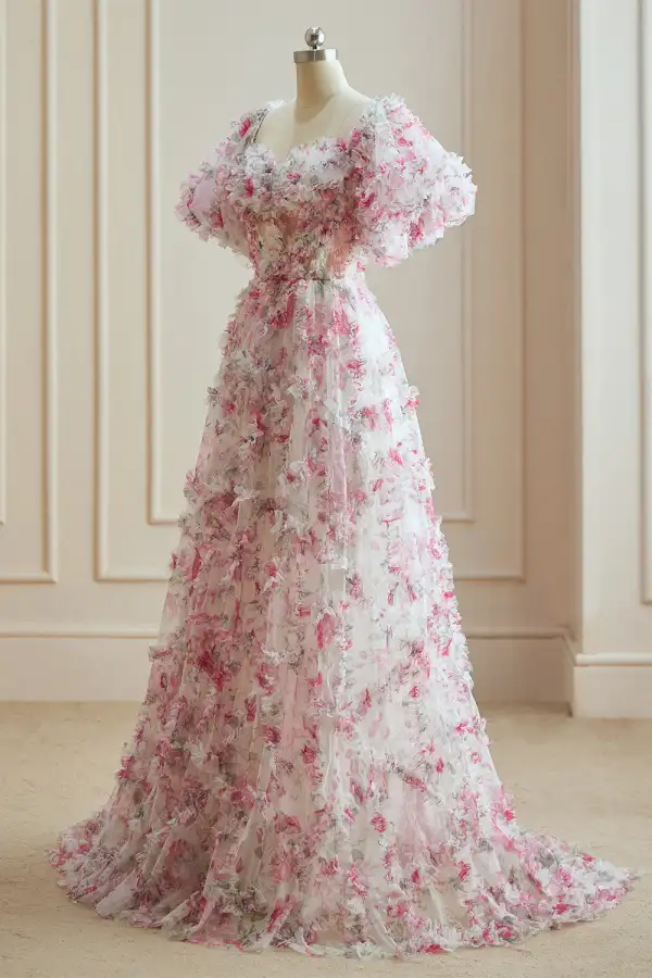 Blomsterfe Hvit Fuchsia Multi-Farger Blomster Ballkjoler 2024 Gripende Ruffles Lange Korte Ermer Forlovelses Kjæreste Formelle Kjoler
