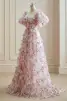 Flower Fairy White Fuchsia Multi-Colors Floral Prom Dresses 2024 Cascading Ruffles Floor-Length / Long Short Sleeve Engagement Sweetheart Formal Dresses