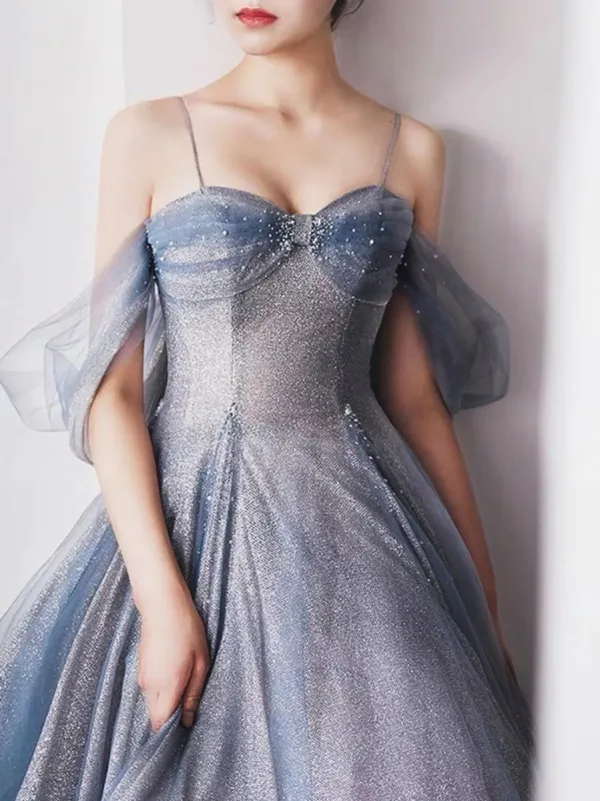 Sexy Bling Bling Sky Blue Beading Pearl Sequins Prom Dresses 2024 A-Line / Princess Spaghetti Straps Sleeveless Backless Floor-Length / Long Formal Dresses