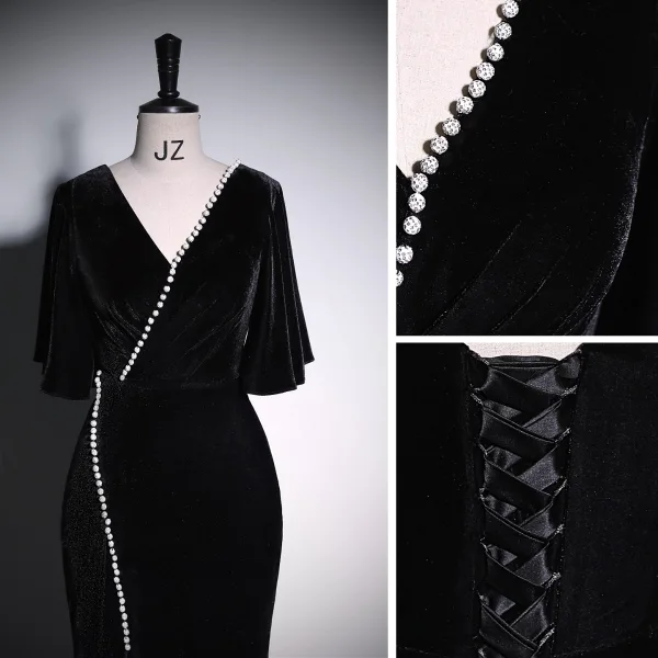 Sexy Black Solid Color Rhinestone Velvet Evening Dresses 2023 Trumpet / Mermaid V-Neck Short Sleeve Backless Floor-Length / Long Evening Party Formal Dresses