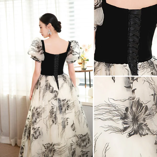 Élégant Noire Robe De Bal 2023 Princesse Encolure Carrée Manches Courtes Dos Nu Longue Robe De Ceremonie