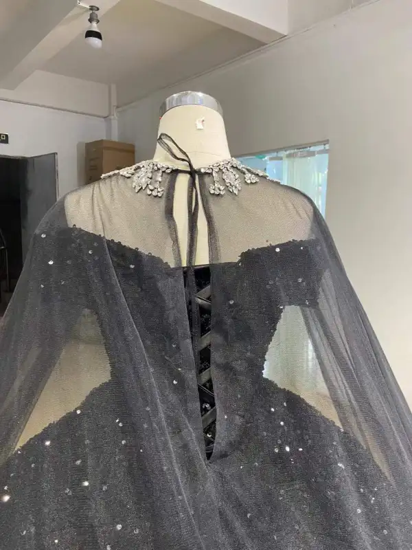 Sparkly Black Sequined Quinceañera Prom Dresses 2026 Sequins Formal Dresses With Cloak Crossed Straps Floor-Length / Long Off-The-Shoulder Ball Gown