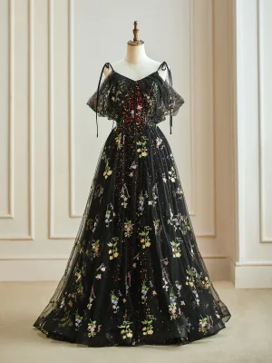 Fée Des Fleurs Noire Florale Robe De Bal 2024 Brodé Paillettes De L Épaule Longue Princesse Robe De Cérémonie
