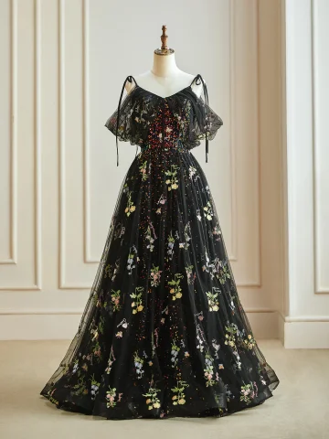 Flower Fairy Black Floral Prom Dresses 2024 Embroidered Sequins Off The Shoulder Floor Length Long A Line Princess Formal Dresses
