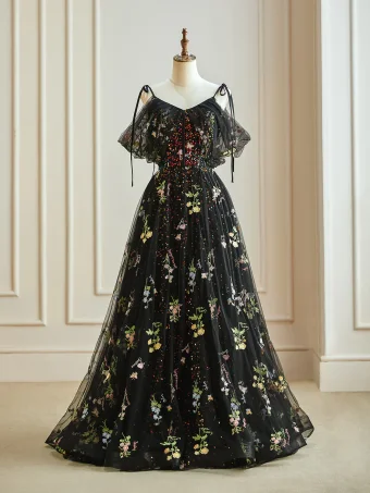 Flower Fairy Black Floral Prom Dresses 2024 Embroidered Sequins Off The Shoulder Floor Length Long A Line Princess Formal Dresses