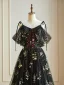 Flower Fairy Black Floral Prom Dresses 2024 Embroidered Sequins Off-The-Shoulder Floor-Length / Long A-Line / Princess Formal Dresses