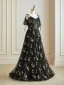 Flower Fairy Black Floral Prom Dresses 2024 Embroidered Sequins Off-The-Shoulder Floor-Length / Long A-Line / Princess Formal Dresses