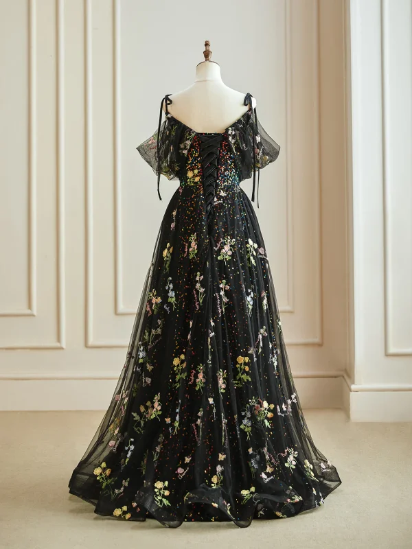 Flower Fairy Black Floral Prom Dresses 2024 Embroidered Sequins Off-The-Shoulder Floor-Length / Long A-Line / Princess Formal Dresses