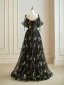 Flower Fairy Black Floral Prom Dresses 2024 Embroidered Sequins Off-The-Shoulder Floor-Length / Long A-Line / Princess Formal Dresses