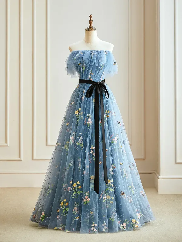 Wróżka Kwiatowa Błękitne Kwiatowy 2024 Sukienki Na Bal Skrzyżowane Pasy Haftowane Kwiat Długie Tiulowe Bez Ramiączek Bez Rękawów Sukienki Wizytowe