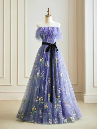 Fée Des Fleurs Violet Florale Robe De Bal 2024 Bretelles Croisées Fleur Longue Bustier Sans Manches Princesse Robe De Cérémonie