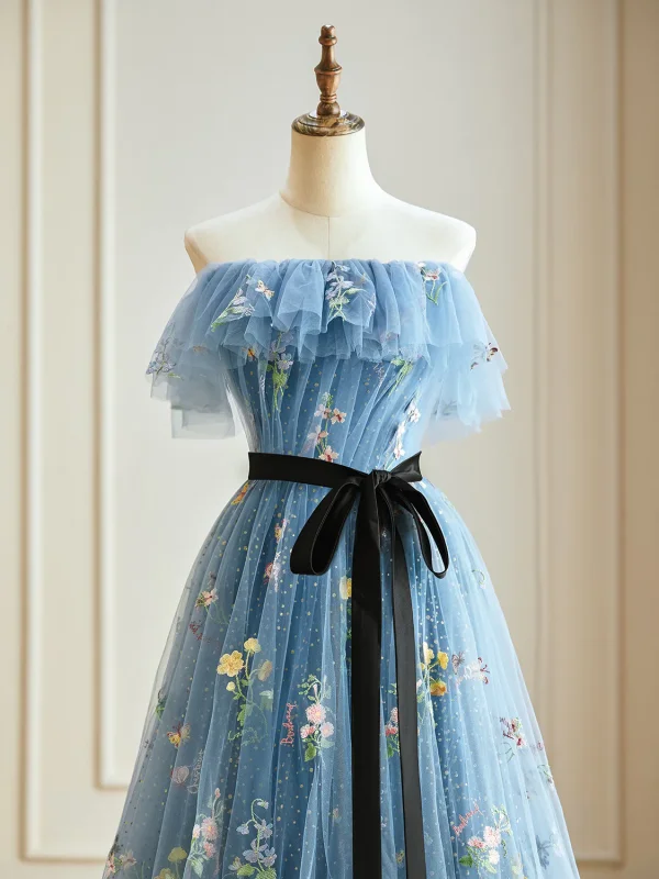 Flower Fairy Sky Blue Floral 2024 Prom Dresses Crossed Straps Embroidered Flower Floor-Length / Long Tulle Strapless Sleeveless Formal Dresses