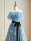 Flower Fairy Sky Blue Floral 2024 Prom Dresses Crossed Straps Embroidered Flower Floor-Length / Long Tulle Strapless Sleeveless Formal Dresses