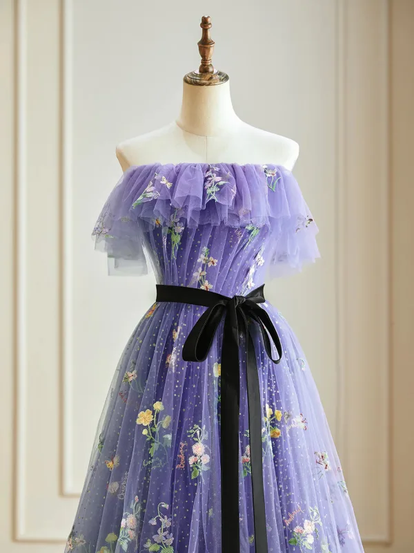 Blomma Fe Purple Blommig Balklänningar 2024 Korsade remmar Blomma Långa Axelbandslös Ärmlös Prinsessa Formella Klänningar
