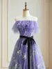 Flower Fairy Purple Floral Prom Dresses 2024 Crossed Straps Flower Floor-Length / Long Strapless Sleeveless A-Line / Princess Formal Dresses