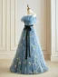 Flower Fairy Sky Blue Floral 2024 Prom Dresses Crossed Straps Embroidered Flower Floor-Length / Long Tulle Strapless Sleeveless Formal Dresses